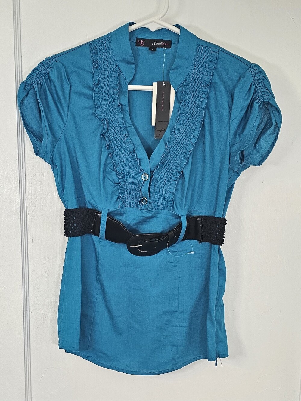 HeartSoul Teal Ruffled V-Neck Blouse with Belt